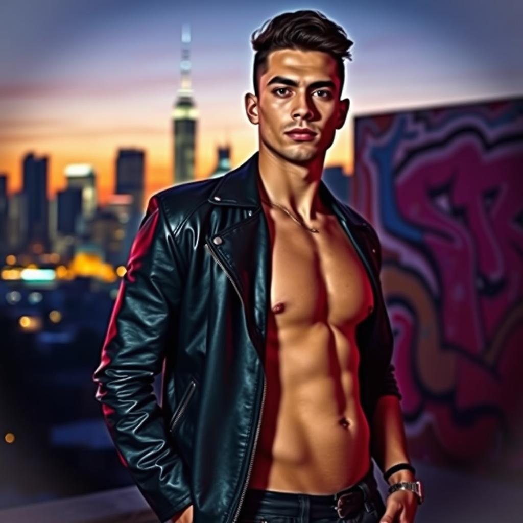 A stylish, confident individual in a dramatic pose, standing against a vibrant cityscape at dusk