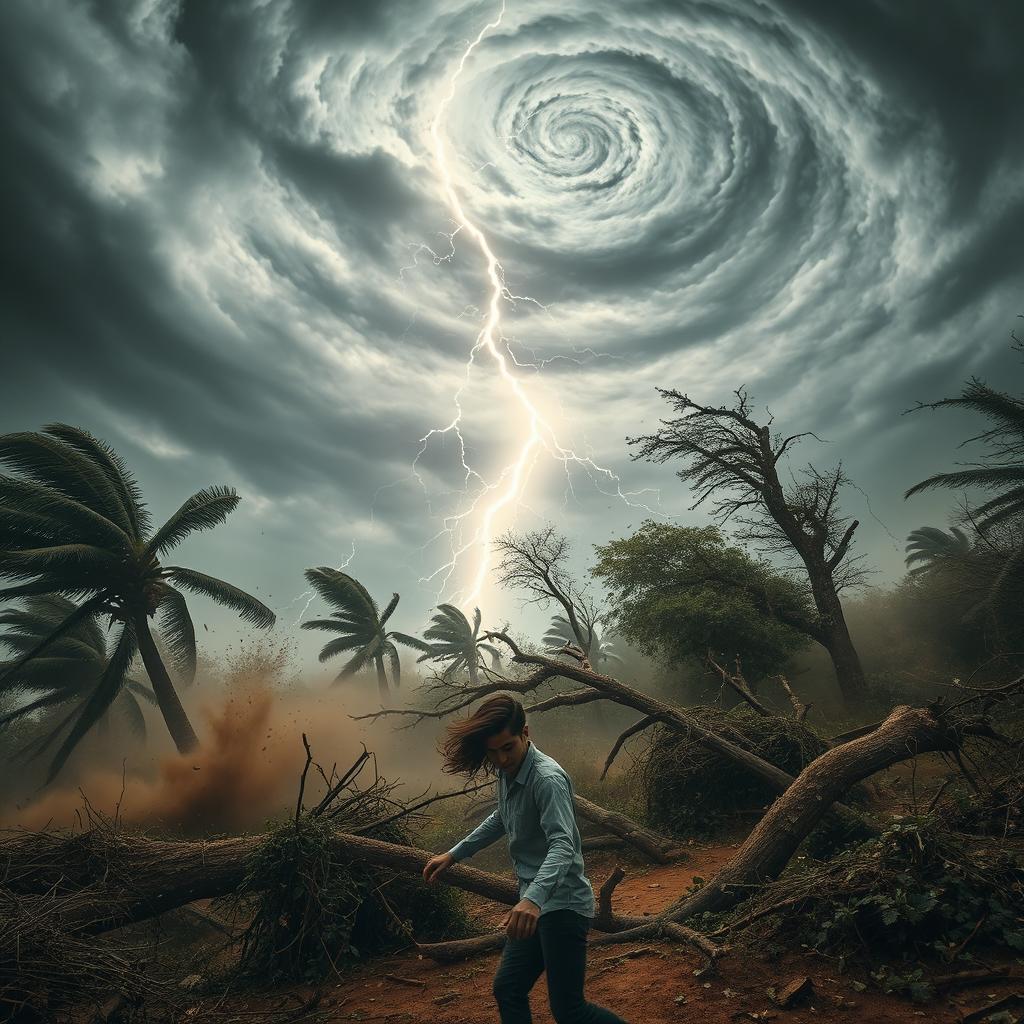 A powerful and dramatic scene of destructive winds ravaging a landscape