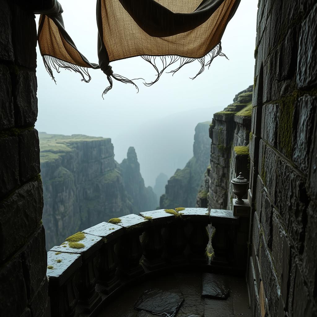 A narrow stone balcony overlooking dramatic cliffs, featuring a chipped and crumbling balustrade