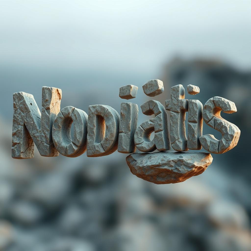 A stunning image of the word 'Nodiatis' sculpted from very rustic, ancient rock and stone