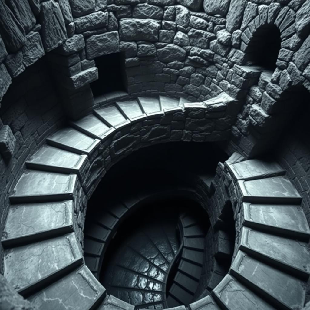 A steep, winding staircase carved into the inner wall of an ancient stone tower, the staircase spiraling upward with a hollow center that leads into deep, ominous blackness