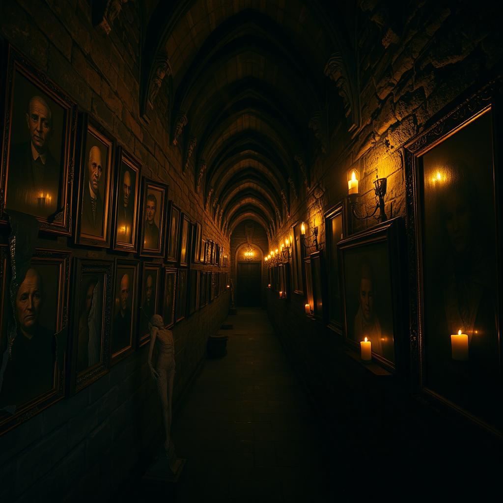 A long, dimly lit hallway in a gothic castle adorned with numerous painted portraits of solemn, grim-eyed ancestors