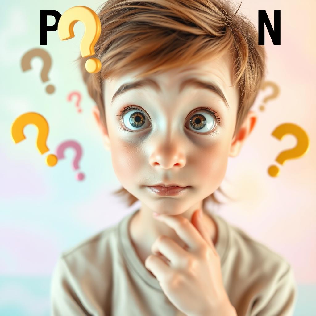 A curious person with an inquisitive expression, standing in a thoughtful pose, surrounded by floating question marks, in a bright and colorful environment