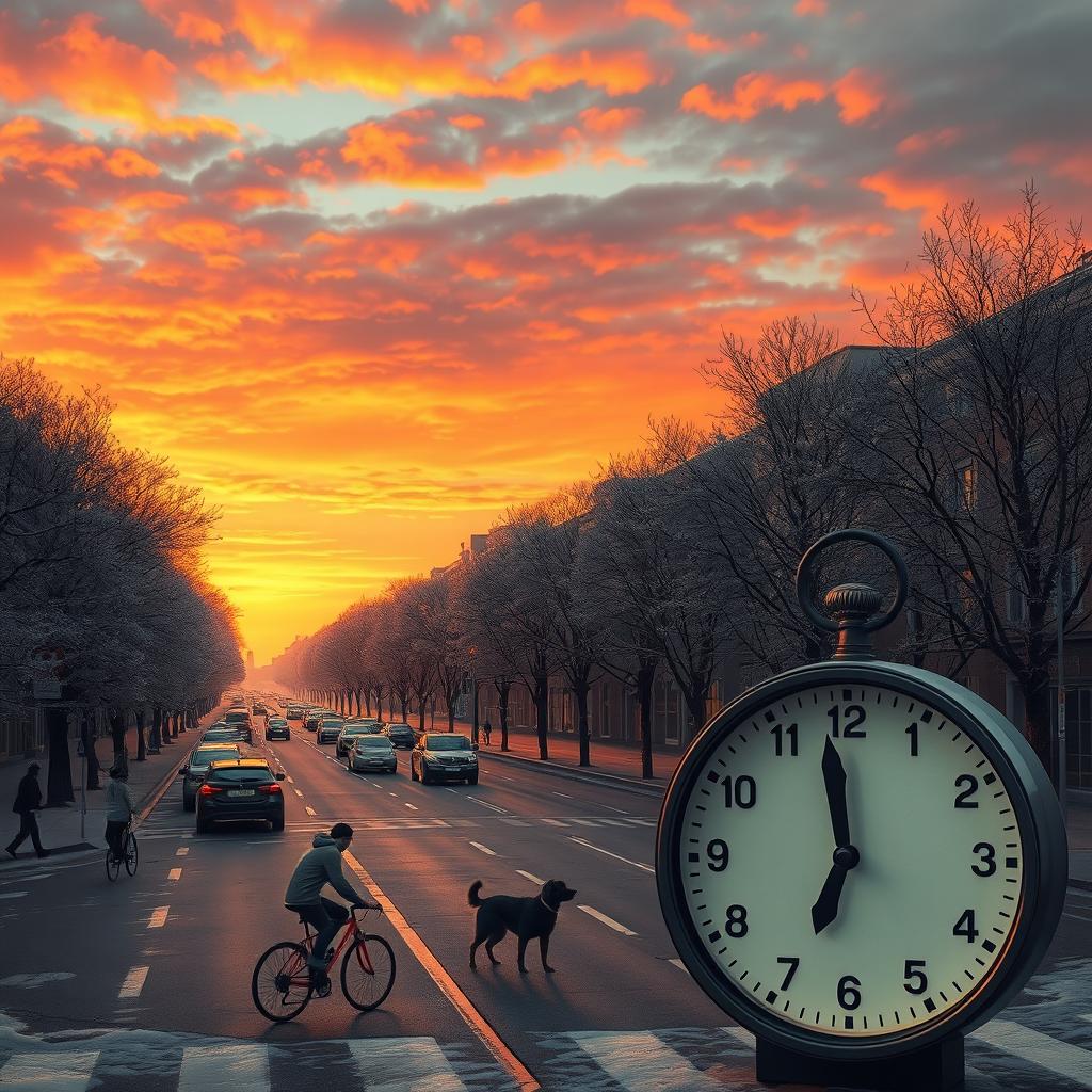 A surreal scene depicting a city frozen in time, where everything is still and silent