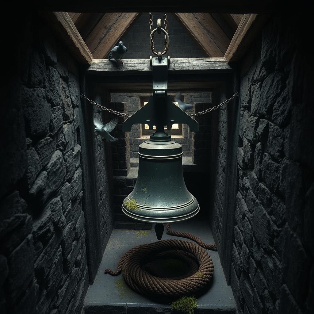 At the top of a narrow, creaking staircase lies a castle's bell tower, an old, wind-bitten structure made of dark stone and iron
