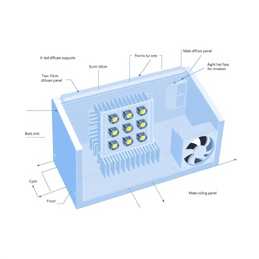 A detailed and technical blueprint of an LED lighting box design, featuring a 55cm x 30cm aluminum enclosure
