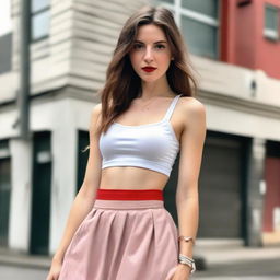 A girl with medium length, straight, brown hair, grey eyes, pale skin, and rosy lips standing in front of a building. She is stylishly dressed in a white crop top and a vibrant red tennis skirt.