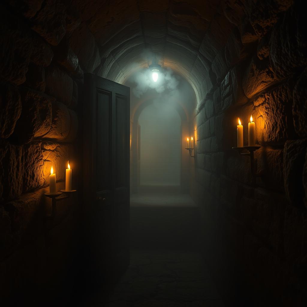 A mysterious narrow tunnel illuminated by flickering candles, hidden behind a loose panel in an ancient library or beneath a chapel's floor