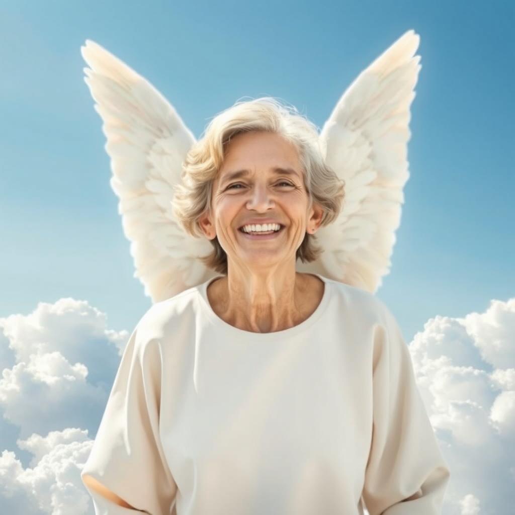 A beautiful tribute image of a beloved person who has passed away, depicted as an angel in the sky with soft, ethereal wings gracefully spread out behind them