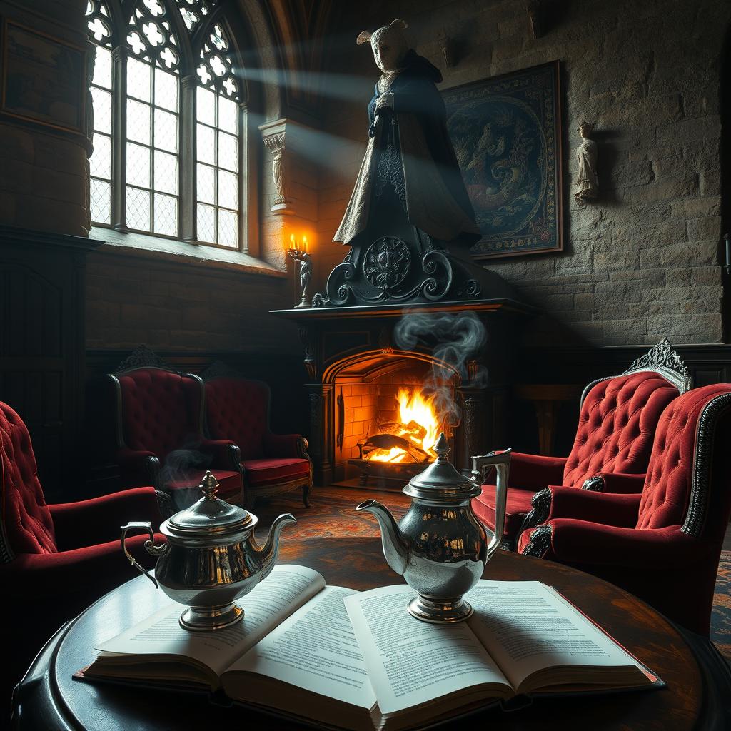 A cozy and inviting interior of a Gothic castle, featuring rich velvet chairs arranged around a crackling fireplace that emits warm, flickering light