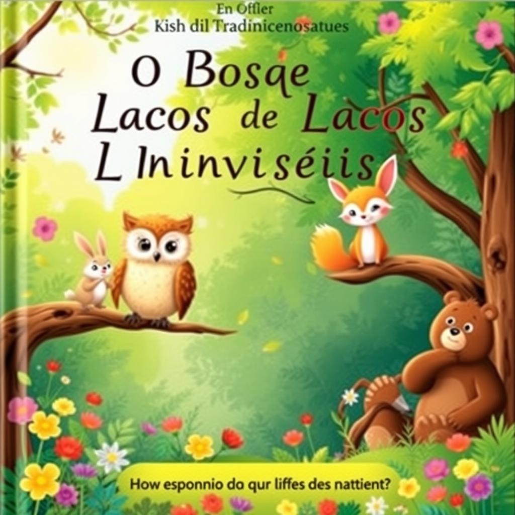 The cover of the book 'O Bosque dos Laços Invisíveis', featuring a whimsical forest backdrop filled with lush greenery and colorful flowers
