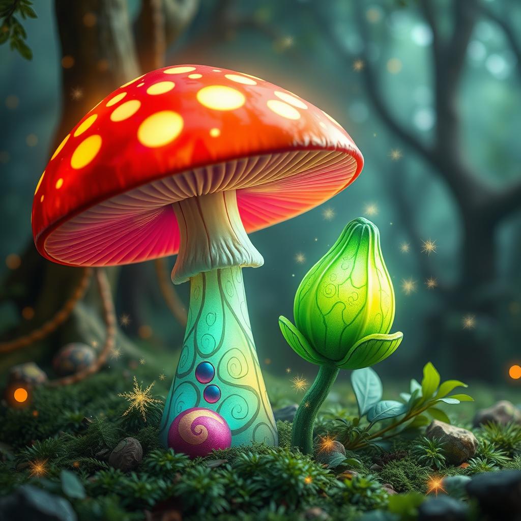 A fantastical scene featuring a vibrant, oversized magic mushroom, where the traditional mushroom cap is replaced by a whimsical, oversized magic bean