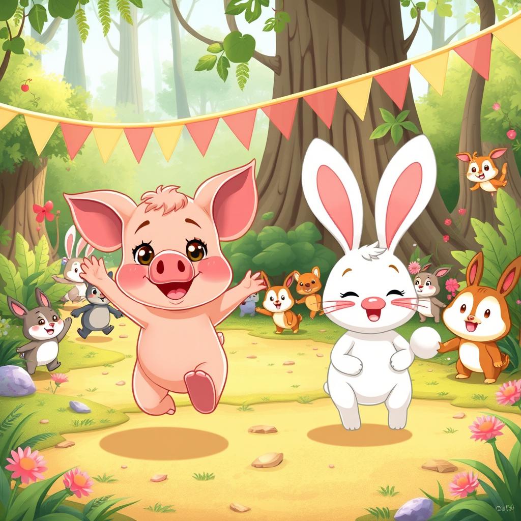 In a lively forest setting, a fun running competition is about to take place, and a variety of adorable small animals have come to sign up
