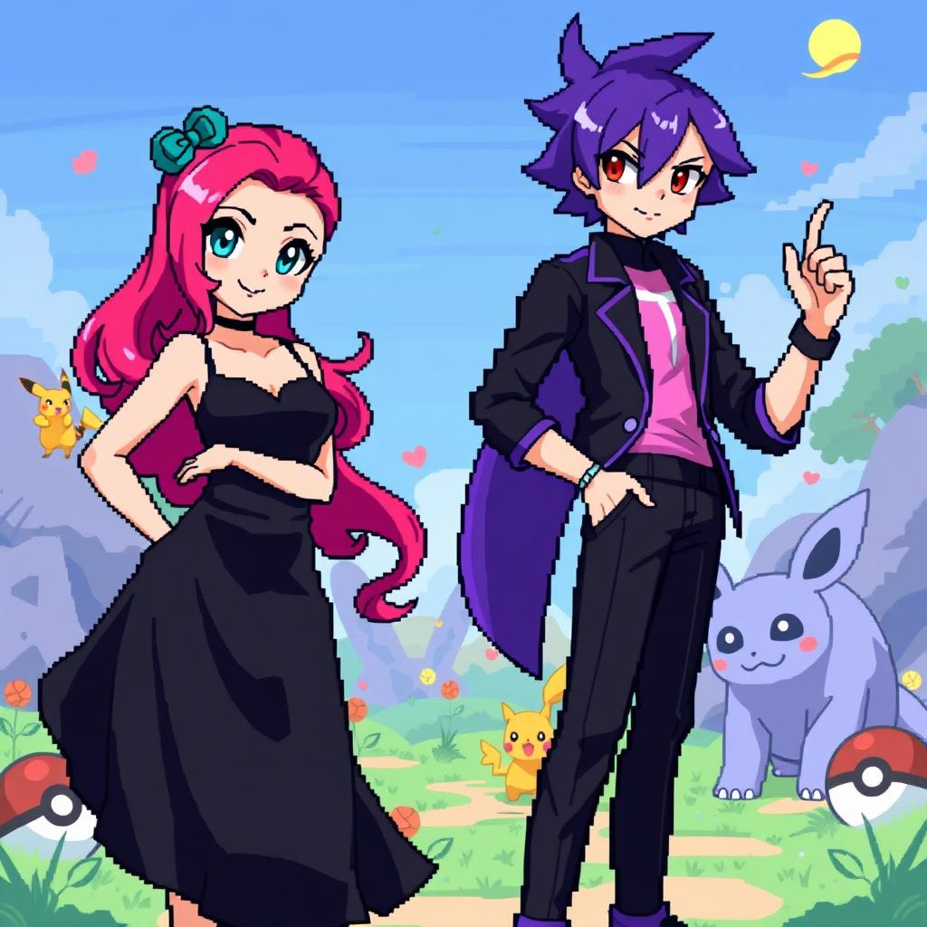 A pixel art style illustration featuring a Pokémon-themed scene