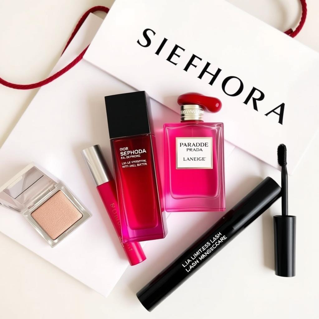A chic flat lay arrangement featuring a Dior makeup product, a branded Sephora shopping bag, a Prada Paradoxe eau de perfume bottle, a Laneige glow lip hydration balm with shea butter in berry color, and ILIA Limitless Lash Lengthening Clean Mascara