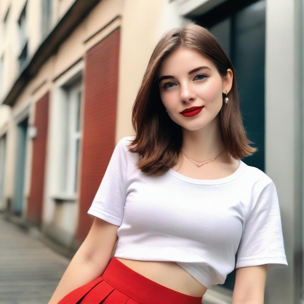 A girl with medium length, straight, brown hair, grey eyes, pale skin, and rosy lips standing in front of a building. She is stylishly dressed in a white crop top and a vibrant red tennis skirt.