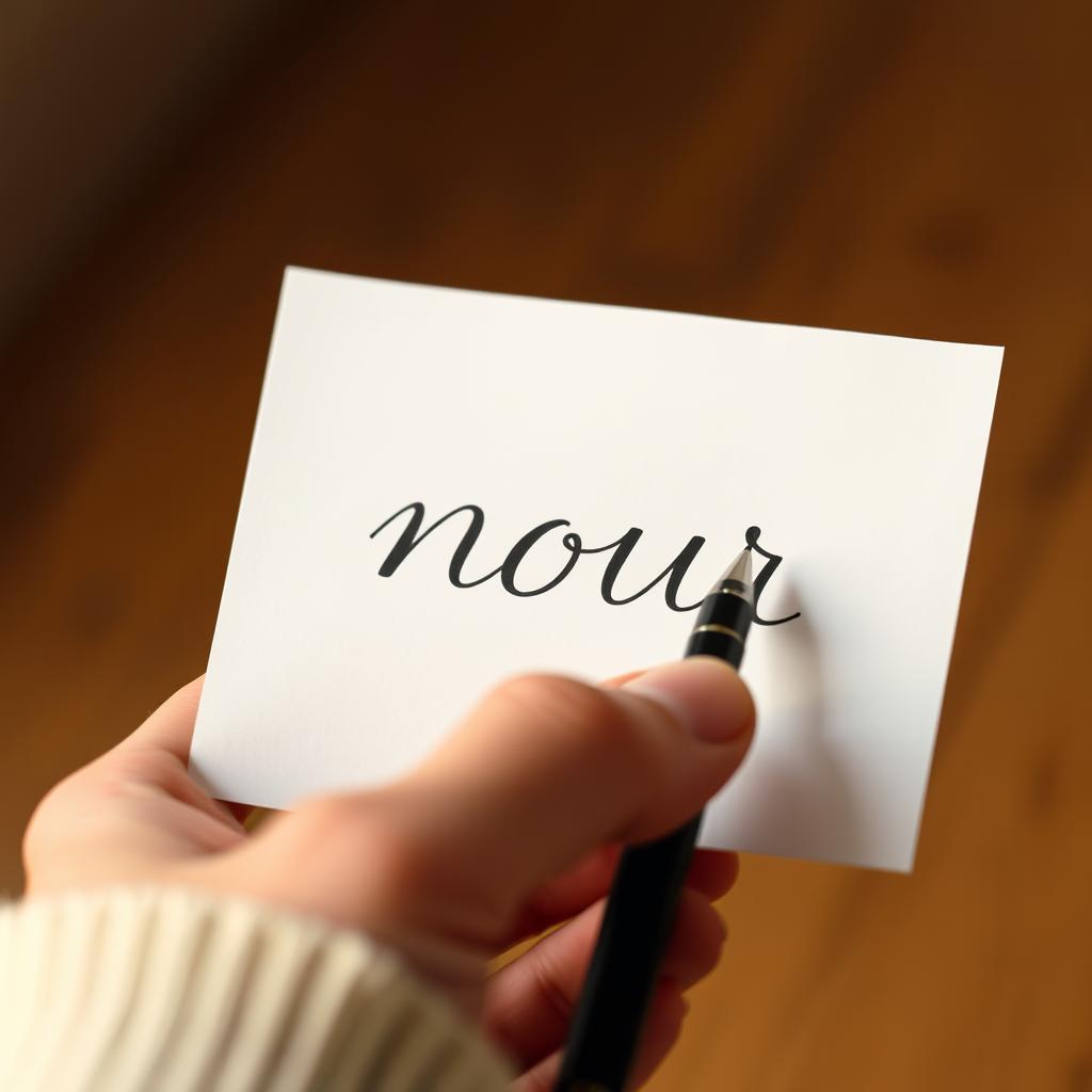 A close-up of a human hand holding a black pen, with the word 'nour' elegantly written in cursive on a blank white paper