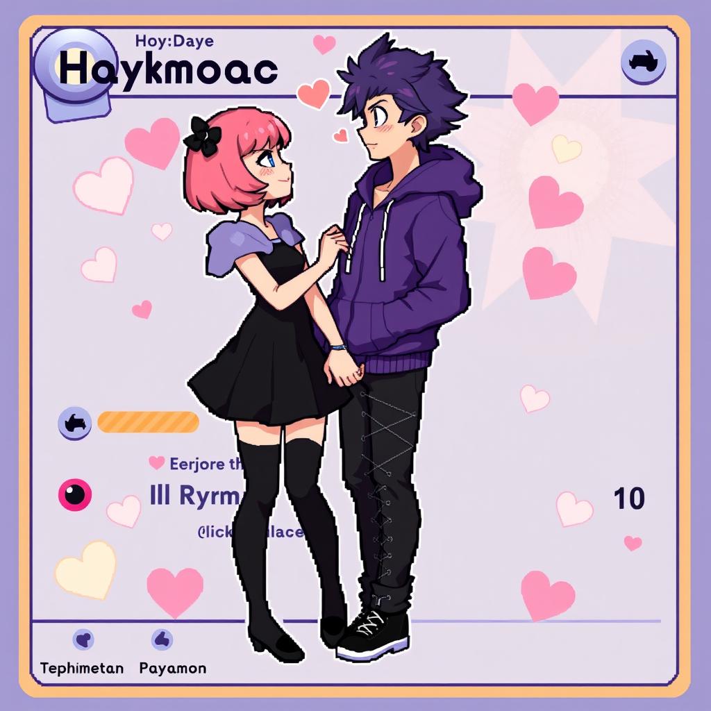A pixel art illustration inspired by Pokémon cards, featuring a girl with short pink hair wearing a short black dress and thigh-high socks, alongside a boy with purple hair dressed in black lace-up pants and a purple hoodie