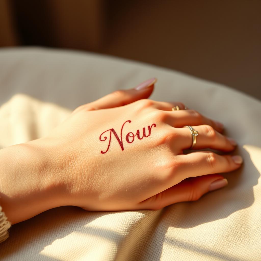A close-up of a woman's hand with the name 'Nour' elegantly written on it in beautiful calligraphy