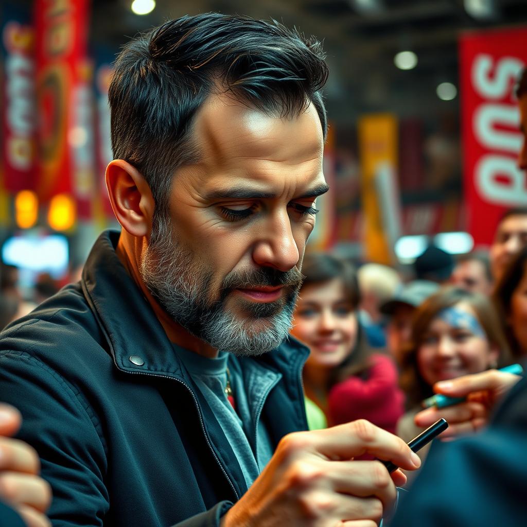 A hyper-realistic image of a middle-aged man with short dark hair and a neatly trimmed short beard, engaged in signing autographs for fans