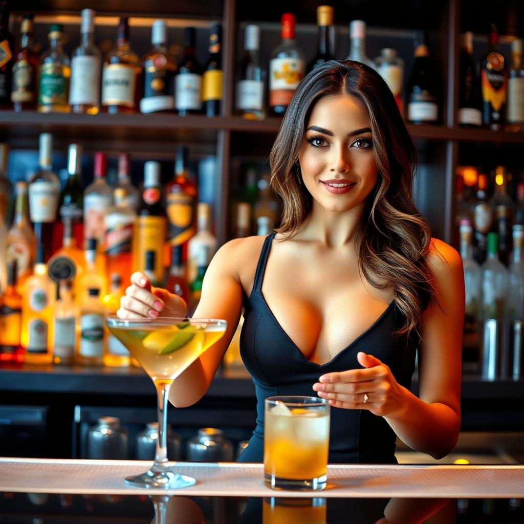 A beautiful female barista wearing a stylish low-cut top is serving a cocktail at the bar