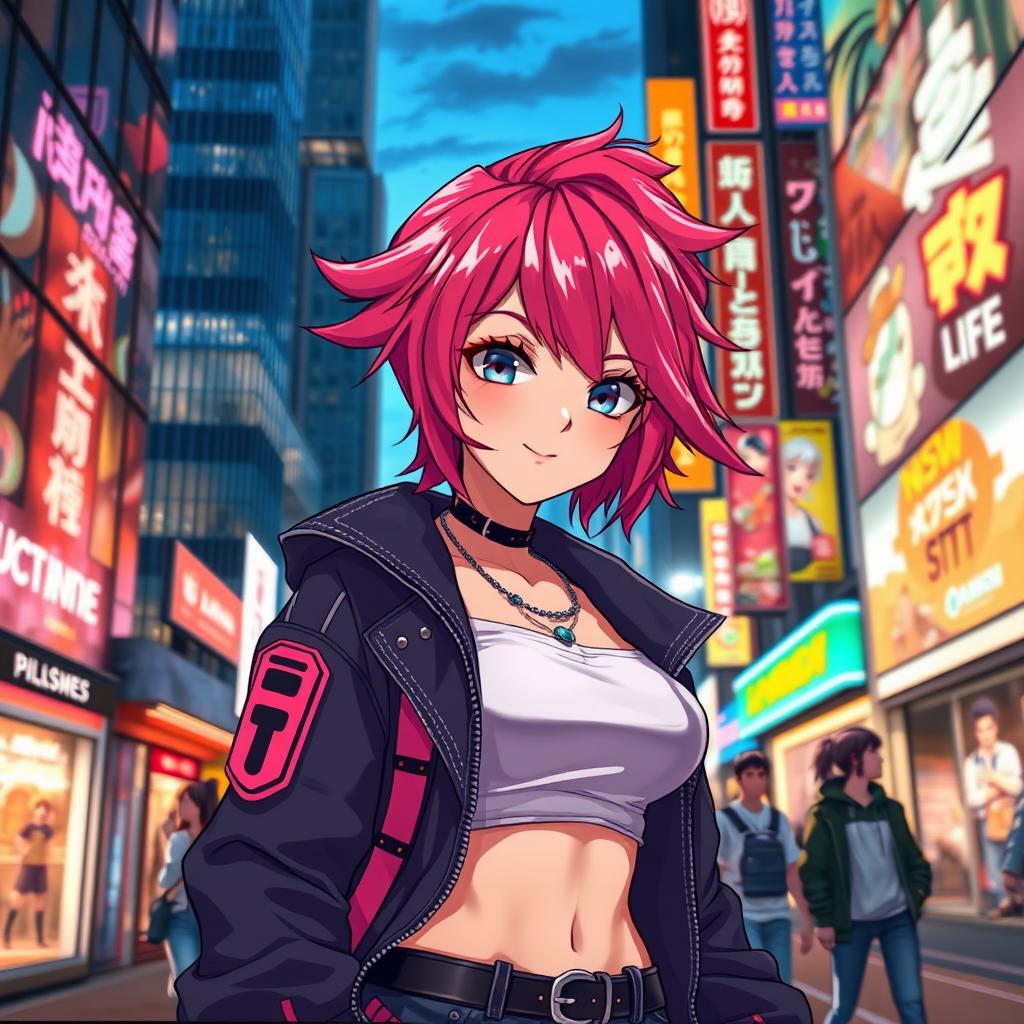 A stunning anime-inspired female character with magenta hair styled in a playful and dynamic fashion, wearing a fashionable outfit that combines edgy streetwear with futuristic elements