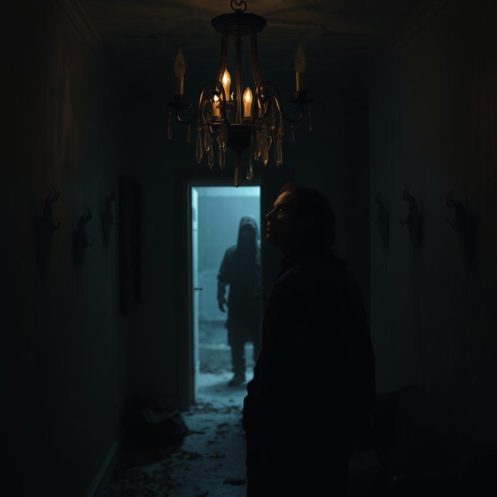 A chilling scene from a horror movie set in a dimly lit, abandoned house