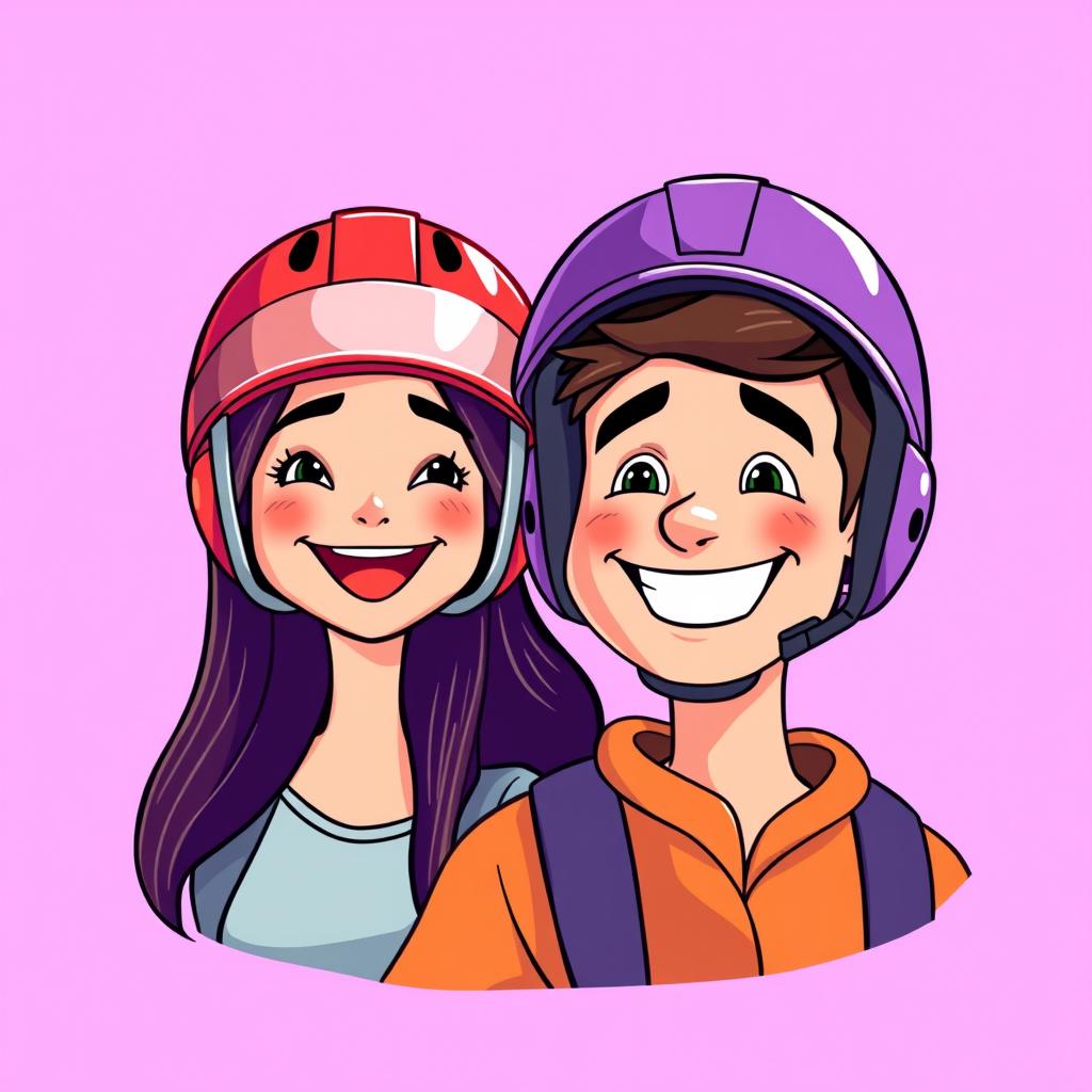 A vibrant and cheerful illustration featuring a woman wearing a red helmet and a man with a purple helmet, both smiling and exuding positivity