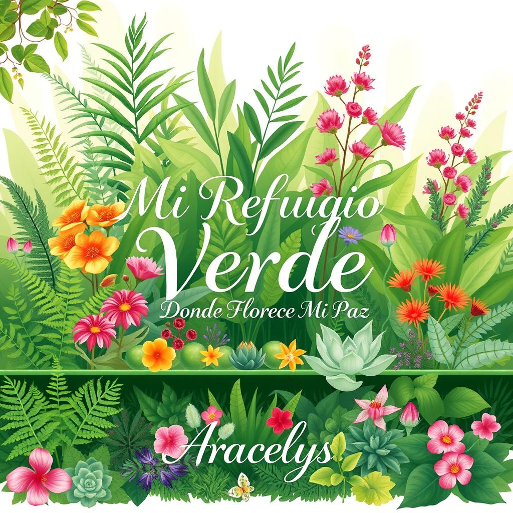 A horizontal illustration featuring a vibrant collection of plants in a lush green setting symbolizing tranquility and peace