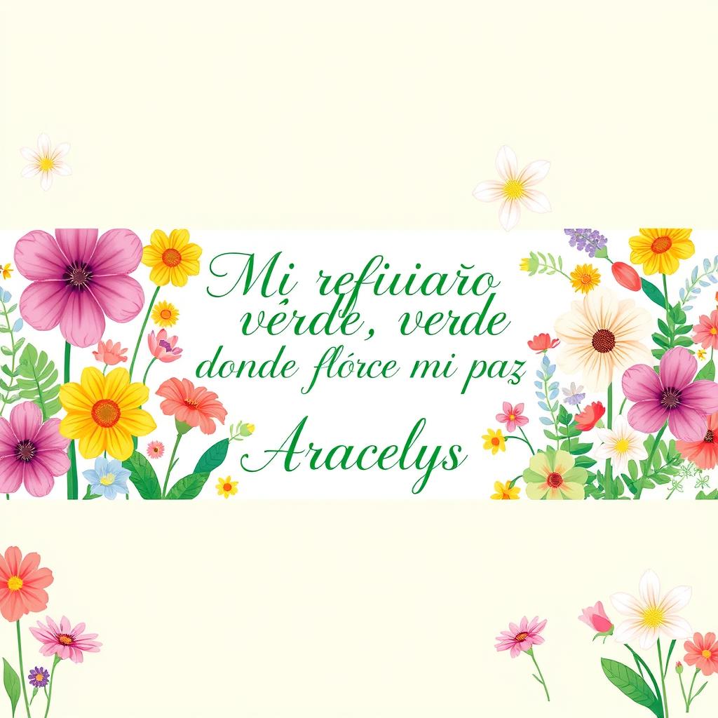 A beautiful horizontal illustration featuring an array of colorful flowers in various styles and sizes, creating a serene and vibrant garden atmosphere
