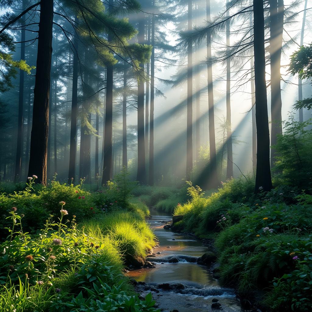 A serene, misty forest landscape in early morning light, with soft rays of sunlight filtering through the tall, dense trees