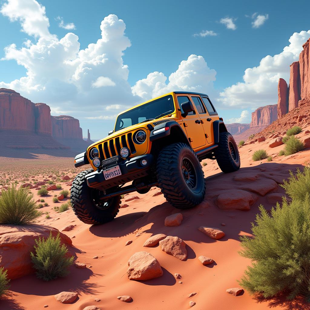 A photorealistic image of a rugged 4x4 vehicle expertly rock crawling in the stunning Moab desert landscape