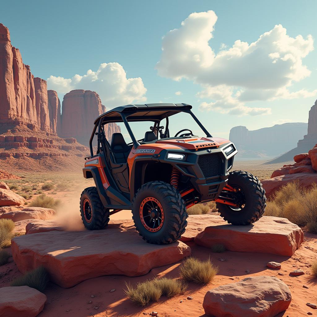 A photorealistic image of a side-by-side off-road vehicle (UTV) rock crawling in the breathtaking Moab desert