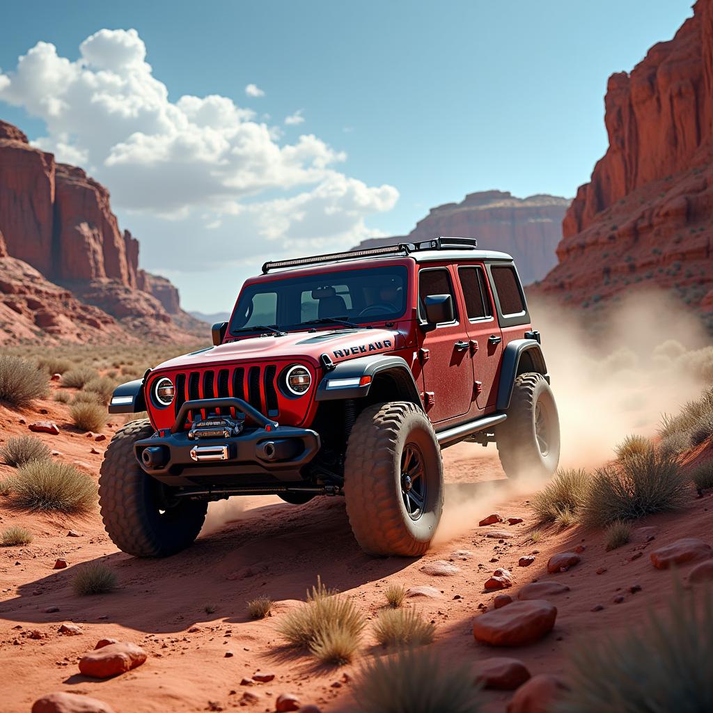 A photorealistic image of a powerful 4x4 off-road vehicle navigating through the rugged terrain of Moab, captured from the passenger side view so that the driver's side is not visible