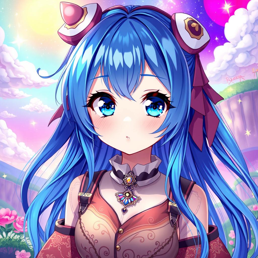 A stunning digital artwork of a blue-haired anime girl, showcasing her vibrant hair that cascades down in flowing locks