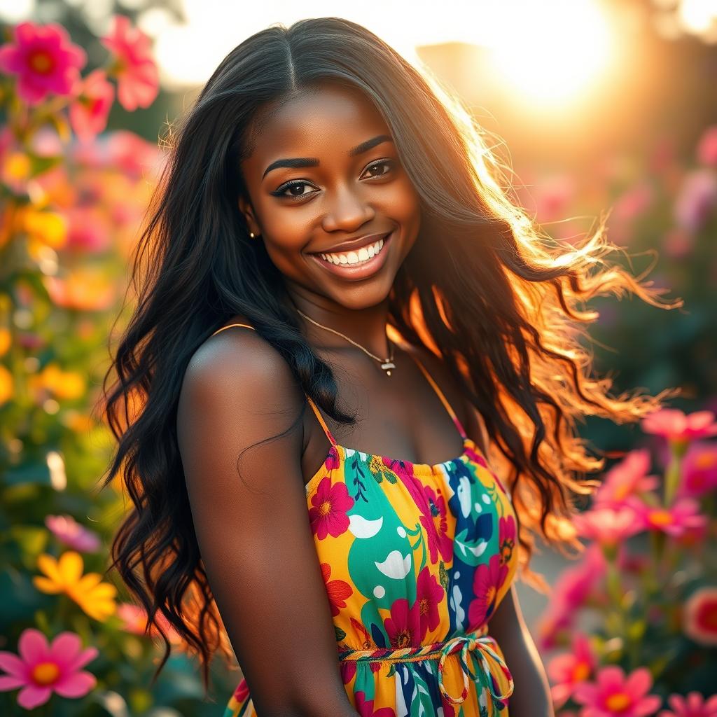 A beautiful ebony girl with a radiant smile, long flowing hair, and glowing skin