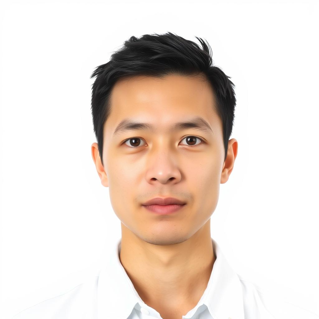 A professional ID photo featuring a headshot of a person with a neutral expression, softly lit to enhance features, against a plain white background