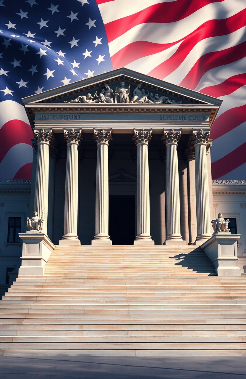 A stunning artwork titled 'Supreme Justice' by Arthur Penlington, featuring the iconic US Supreme Court building with its grand architecture and steps