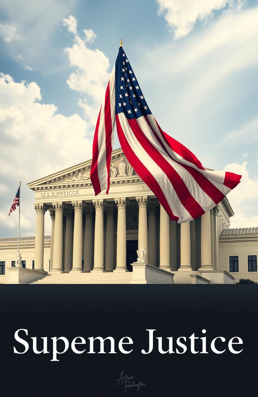 A stunning artwork depicting the US Supreme Court building, adorned with a faded American flag that subtly drapes over the structure