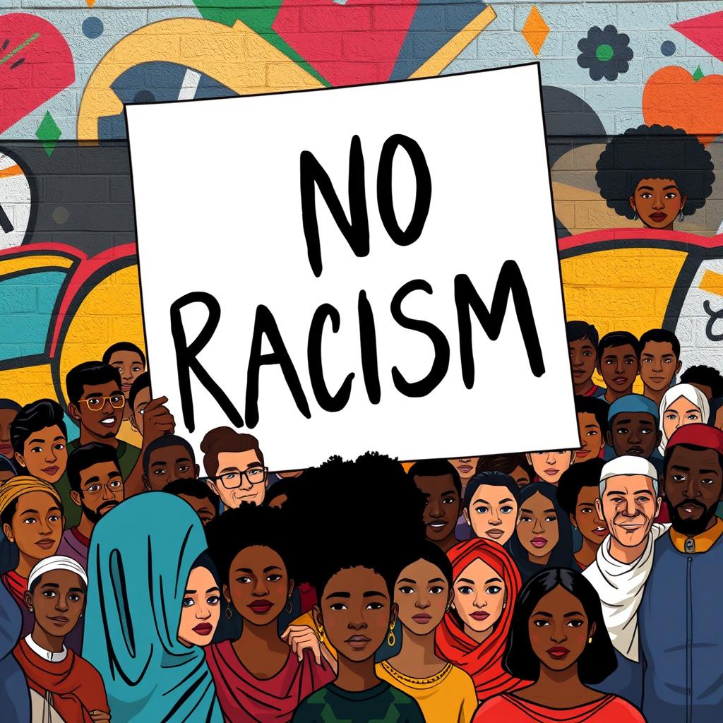 An impactful and visually striking illustration of a large sign that simply states 'No Racism' in bold, clear letters
