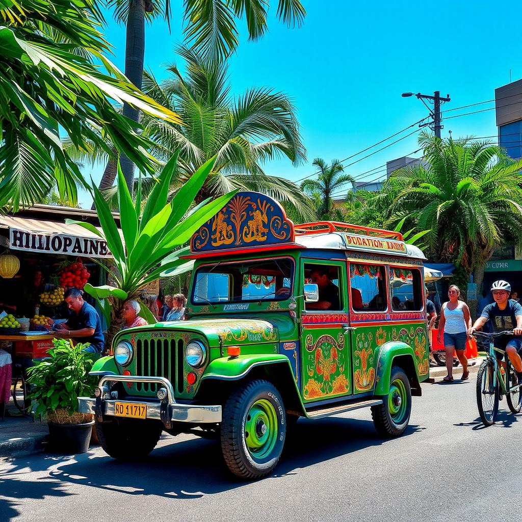 A vibrant scene featuring a classic Philippine Jeepney, adorned with colorful and intricate designs, parked on a bustling street