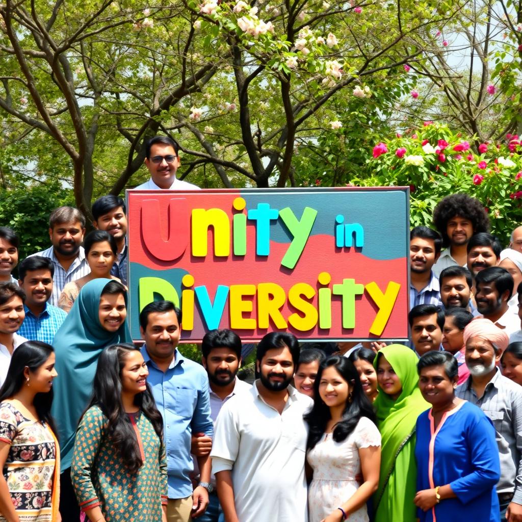 A vibrant and inclusive scene showcasing a large, colorful sign that reads 'Unity in Diversity' surrounded by a diverse group of people from different ethnic backgrounds, ages, and styles
