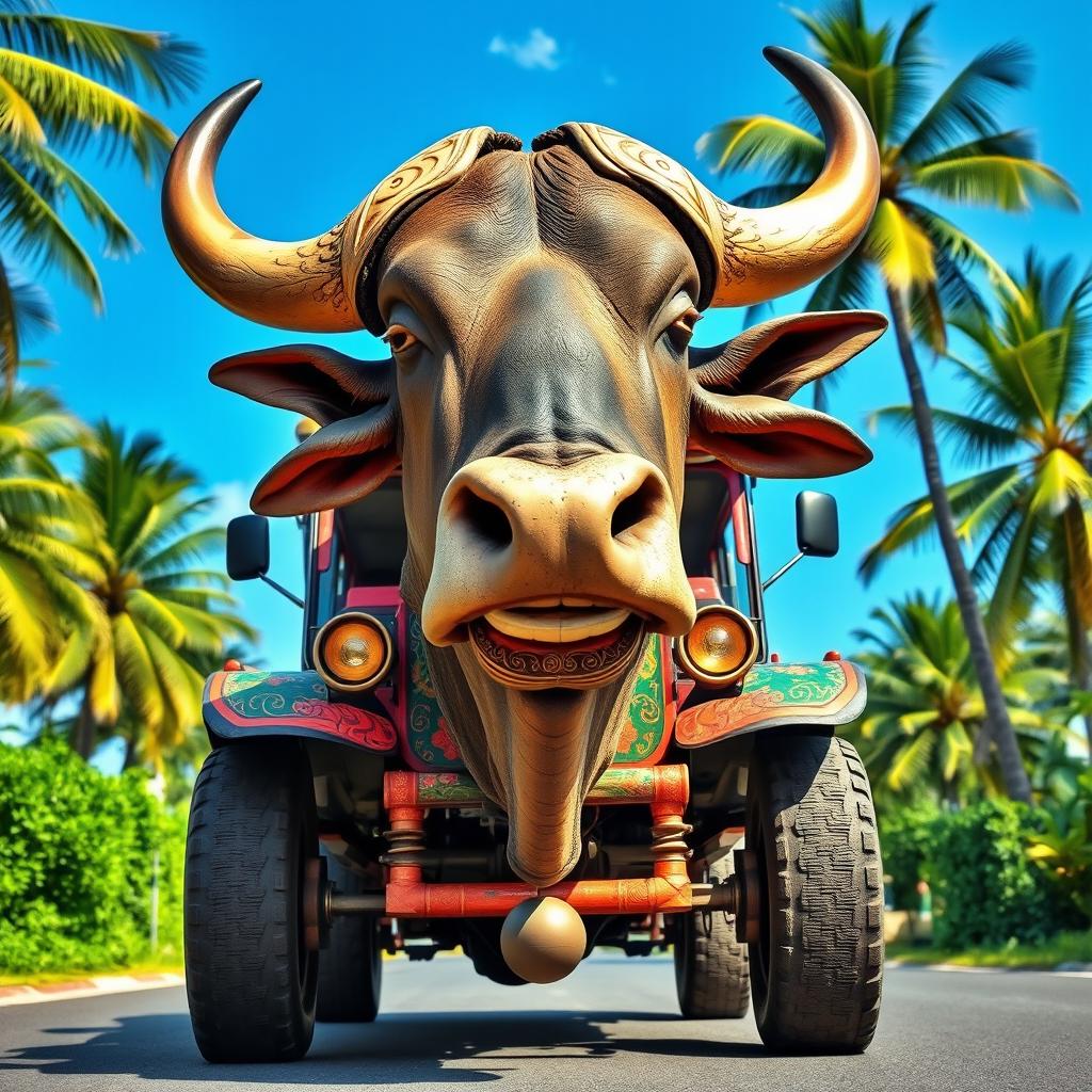 A whimsical fusion of a traditional Jeepney and a water buffalo, creatively merged together