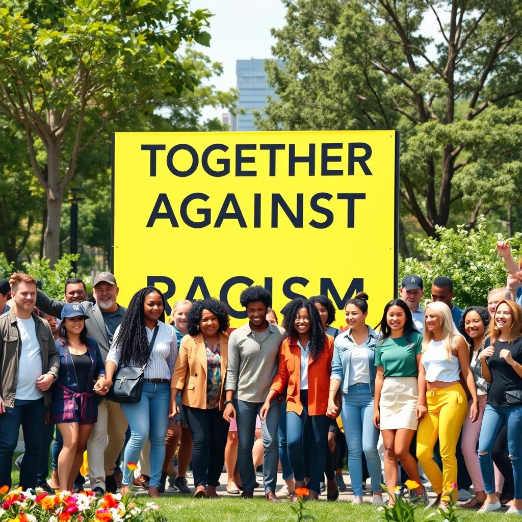 A lively and colorful scene featuring a large, prominent sign that reads 'Together Against Racism' displayed in a public park