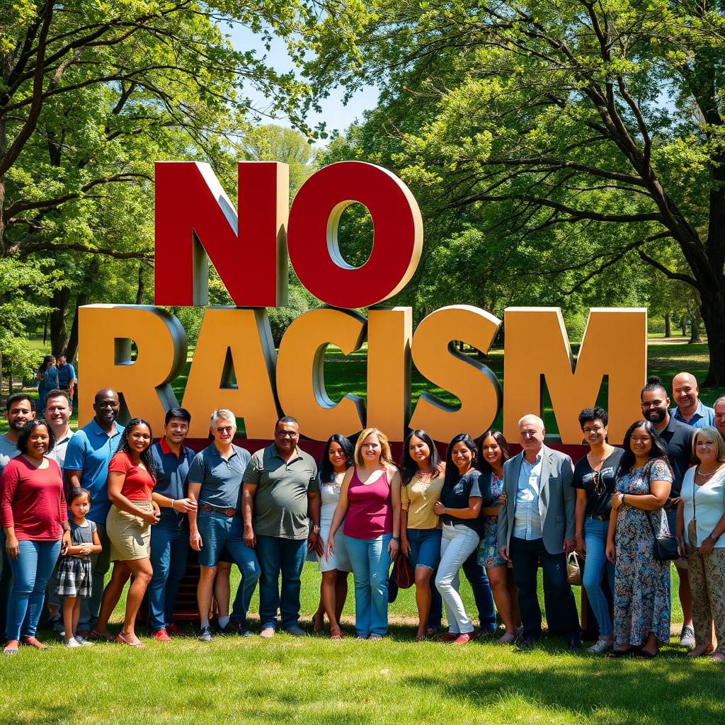 A colorful and large outdoor sign prominently displaying the phrase 'No Racism' in bold letters