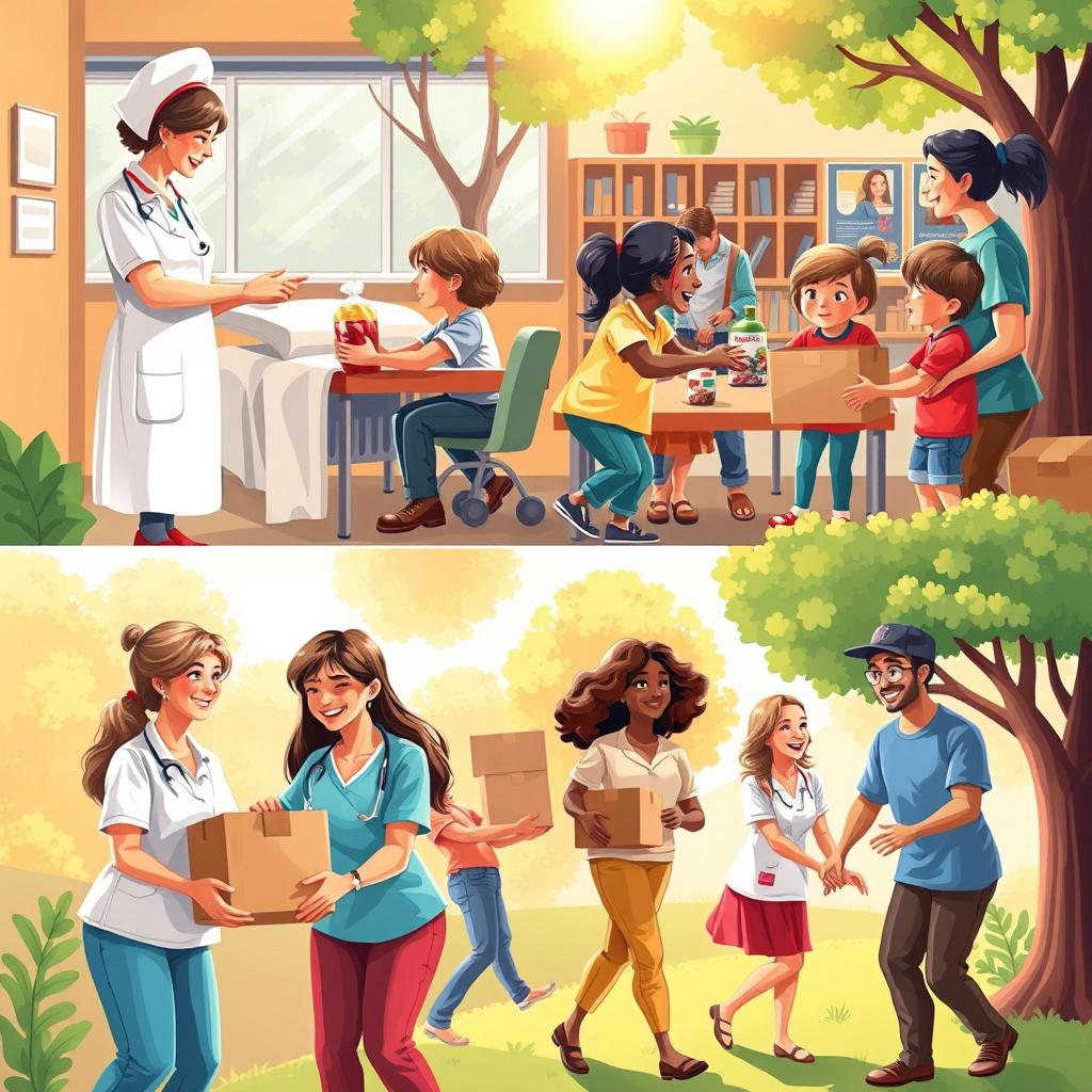 A vibrant scene depicting various individuals helping each other in different ways: a nurse tending to patients in a hospital, a teacher guiding children in a classroom, volunteers distributing food at a community center, friends assisting each other with moving boxes, and strangers lending a hand in a park