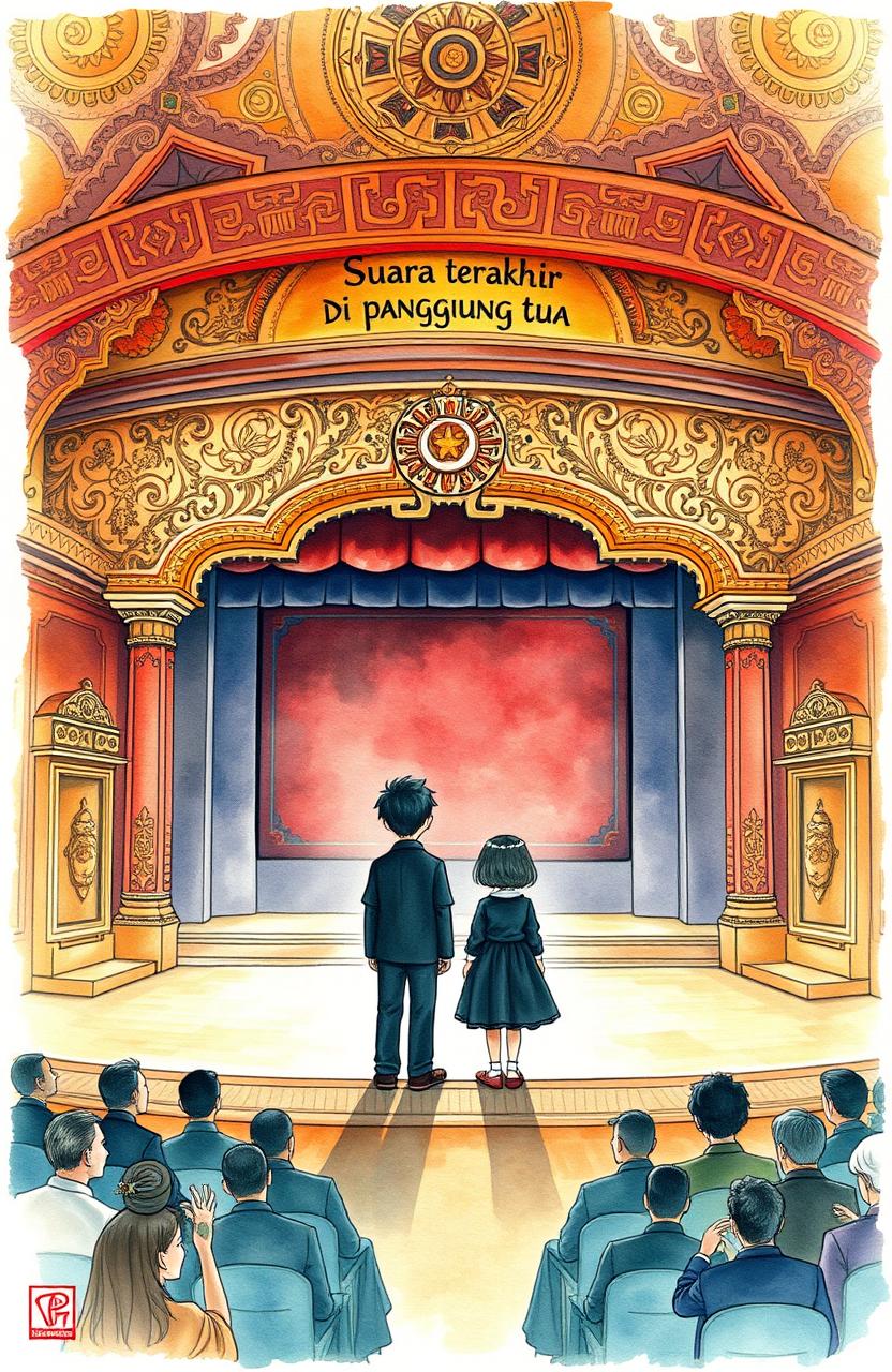 A watercolor illustration for the cover of a novel titled 'Suara terakhir di panggung tua'