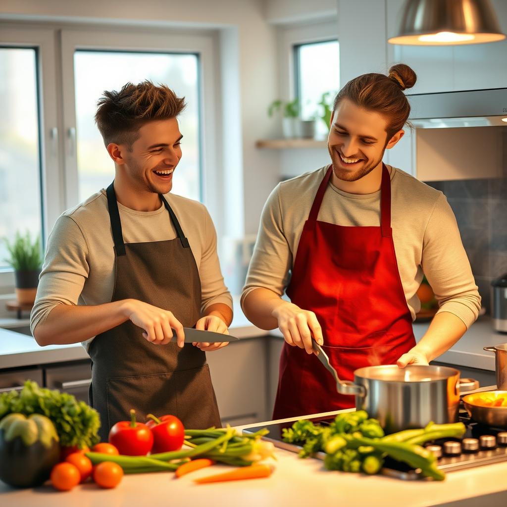 A cozy kitchen scene featuring two young men cooking together as a couple