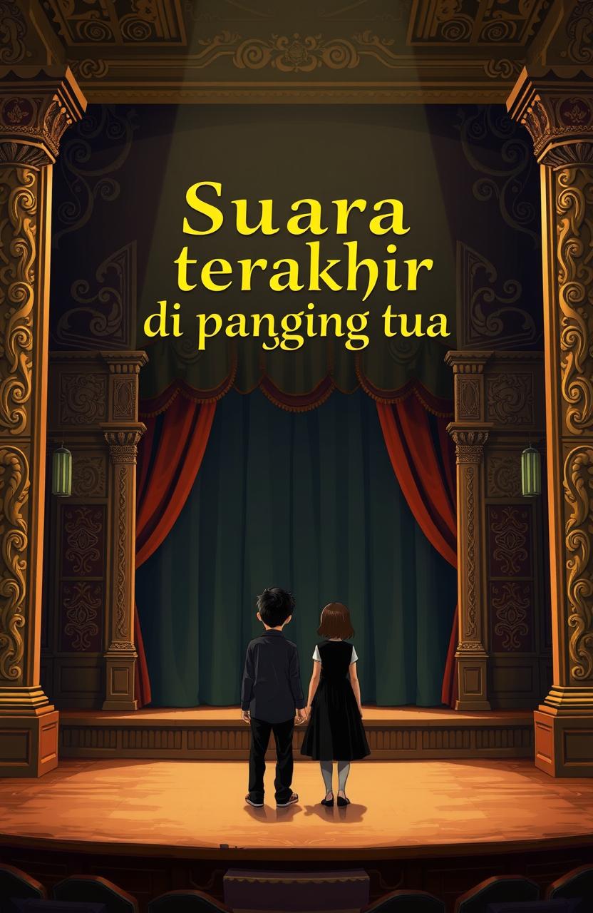 An illustration of a grand old stage with a classic aura, featuring intricate Indonesian carvings that evoke a sense of history and culture