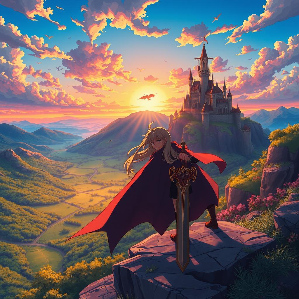 A captivating anime scene showcasing a fantasy world filled with vibrant landscapes